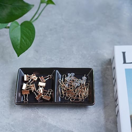 HANKOR Ceramic Jewelry Dish Tray, 2 Compartment Ring Dish, Decorative Trinket Tray for Rings, Earrings, Keys, Birthday Christmas Gifts, Black