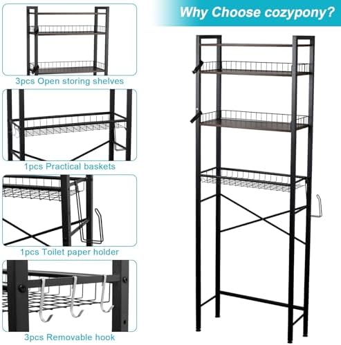 Over The Toilet Storage Rack, 4 Tier Freestanding Space Saver Bathroom Shelf, Adjustable Bathroom Stand Organizer with Paper Holder and 3 Removable Hooks
