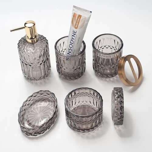 IVAILEX 5PCS Grey Glass Bathroom Accessories Sets of Lotion Dispenser, Soap Dish, Toothbrush Holder, Tumbler, Cotton Swab Jars, Modern Bath Decor, Vintage Gift