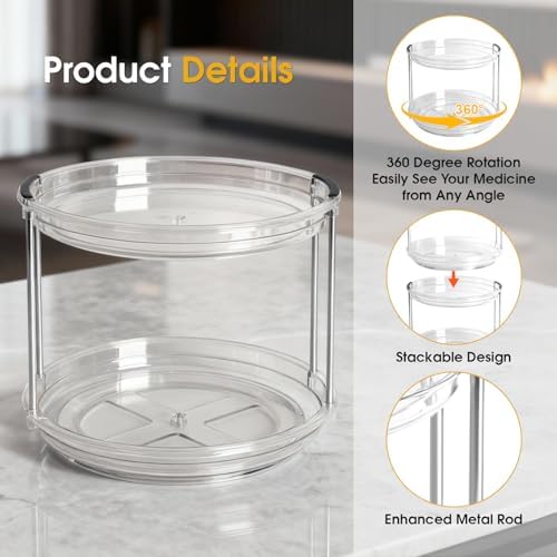 2 Pack Medicine Cabinet Organizer, Rotary Turntable Organizer for Medicine and Vitamin Bottles, Under Sink Organizer for Medicine, Bathroom Cabinet Storage, Easy Assembly, Transparent Clear