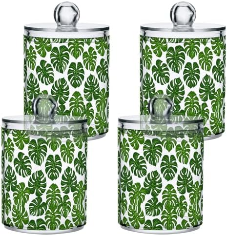 ALAZA 4pcs Monstera Leaf Palm Green White Qtip Holder Dispenser 14 oz Bathroom Storage Clear Apothecary Jars Containers Cotton Ball,Cotton Rounds,Floss Picks, Hair Clips, Food