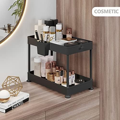 Under Sink Organizers and Storage | Bathroom Cabinet Organizer, Sink Shelf with Utility Hooks and Side Caddy for Under Cabinet Storage | Black (2-Pack) Non Slip Grip Under Kitchen Sink Organizer