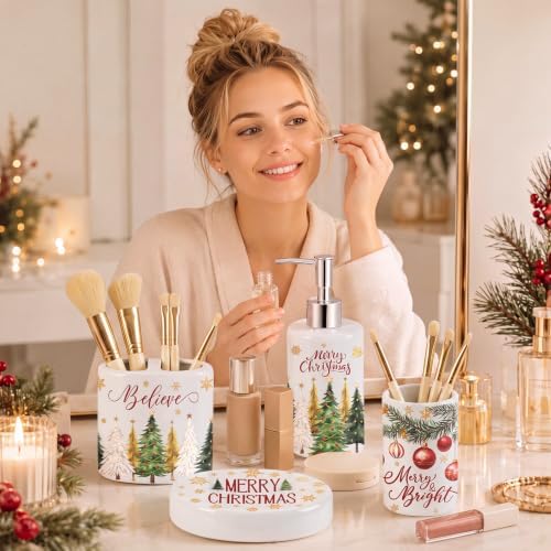 4 Pcs Christmas Ceramic Bathroom Accessories Gifts Xmas Tree Bath Tumbler Soap Dispenser Toothbrush Holder Soap Tray Merry Xmas Bathroom Decorations (White Merry Christmas)