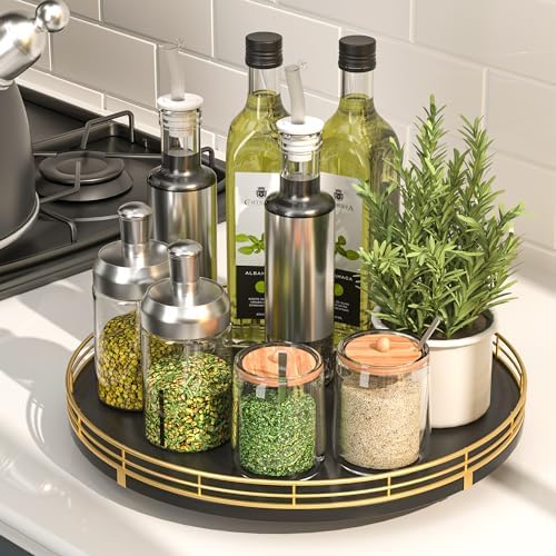 Oroyutor 12-Inch Oak Lazy Susan Spice Organizer with Gold Metal Rail