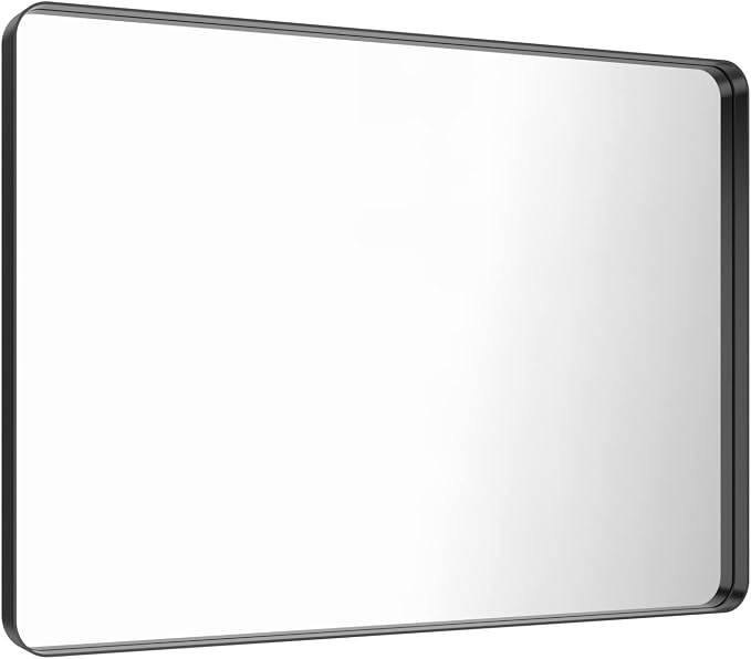 LOAAO 48X32 Inch Black Metal Framed Bathroom Mirror for Wall, Matte Black Bathroom Vanity Mirror Farmhouse, Large Rounded Rectangle Mirror, Anti-Rust, Tempered Glass, Hangs Horizontally or Vertically | Matte Black, Rounded Rectangle, Anti-Rust, Tempere...