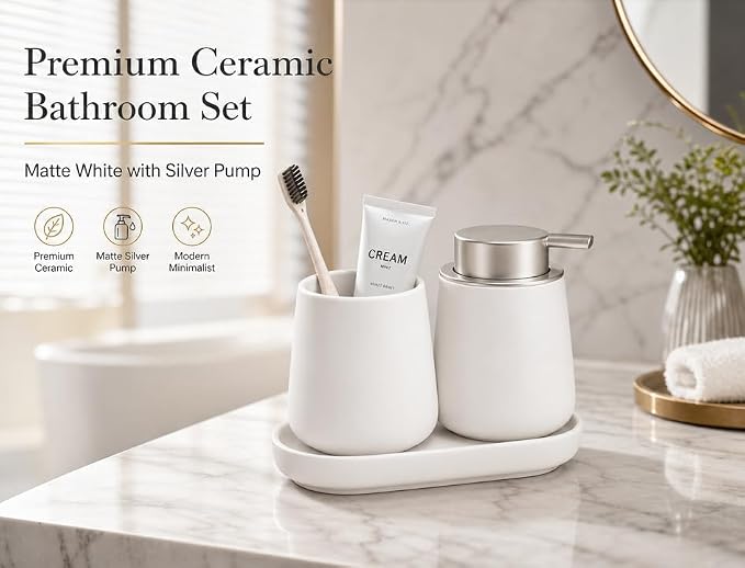 Ceramic Bathroom Accessories Set, 3 Pieces with Soap Dispenser, Toothbrush Holder, and Cup, Matte Black, Polished Finish (White)
