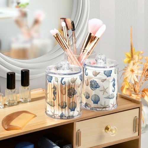 Seashells on Blue Board Qtip Holder Apothecary Jars Bathroom Storage Floss Makeup Organizer for Cotton Ball Swab Acrylic 2 Packs