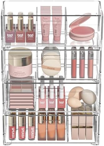 Stackable Storage Drawers Clear Plastic Storage Bins Bathroom Drawer Organizer Medicine Cabinet Organizer Makeup Organizers w Removable Divider Home Workspace Office Desktop Vanity Gift Idea 4Pack