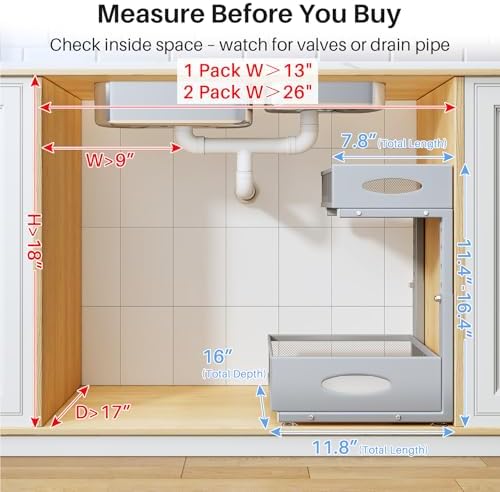 Under Sink Organizer, 2 Pack 2 Tier Pull Out Under Cabinet Organizer Shelf with Pad for Framed Cabinets, Metal Slide Out Under Sink Storage, Mesh Sliding Drawers for Kitchen Bathroom Laundry, Grey