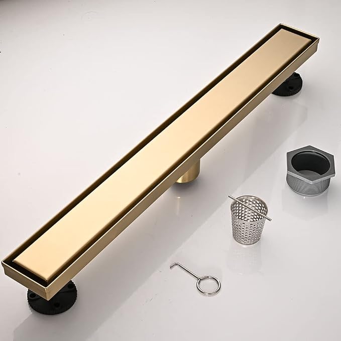 AVSIILE Linear Shower Floor Drain, Brushed Gold 32 Inch 304 Stainless Steel Bathroom Drains Kit, Rectangular Shower Trench Drain with Reversable Tile-in Pattern Drain Cover & Hair Catcher