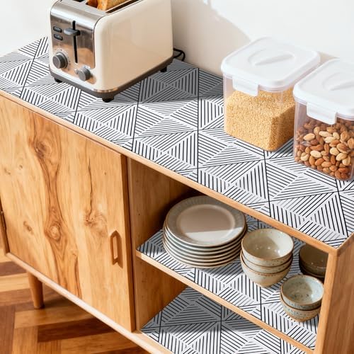 FIFTY FEET 12"x120" Non-Adhesive Shelf Liner for Kitchen Cabinets and Drawers, Washable Non-Slip PVC Cabinet Liner (Black Modern)(8 Roll)