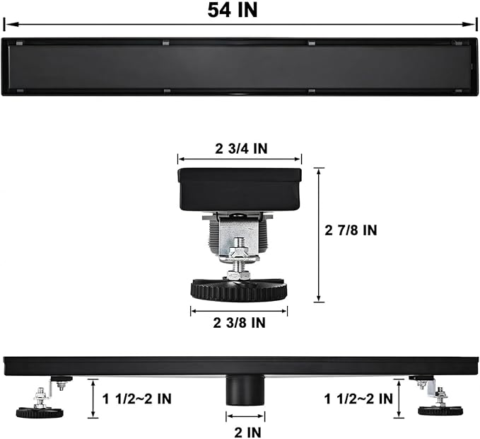 AVSIILE Linear Shower Floor Drain, Black 54 Inch 304 Stainless Steel Bathroom Drains Kit, Rectangular Shower Trench Drain with Reversable Tile-in Pattern Drain Cover & Hair Catcher