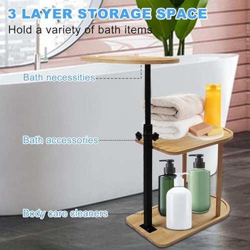 3 Layer Bath Tub Tray Table Liftable Freestanding Bamboo Bath Tray Caddy for Tub Against Wall Shelf Bathroom Organizer Shelf for Luxury Spa (Oval)