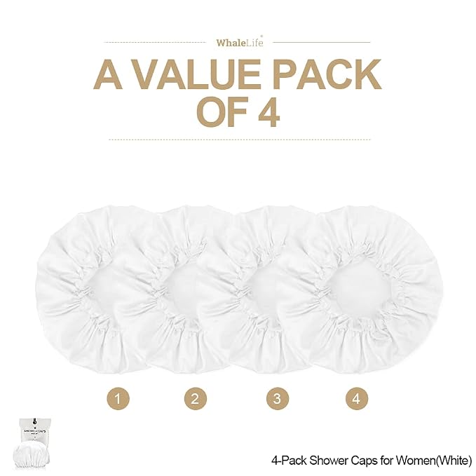 Shower Cap for Women Reusable Extra Large Shower Cap for Men (White 4 Pack Large) Satin Double Layer EVA Waterproof Long Hair Cap | Double Layer 100 Percent Dry Jumbo Oversized Fits Thick Hair Smooth Lining Prevents Hair Frizz Snug Elastic Band No Pres...