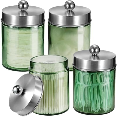 Amolliar Green Glass Apothecary Jar, Qtip Holder(Brushed Nickel 4 Pack)