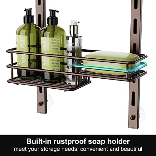 Orimade Over the Door Shower Caddy Adjustable 5 Tier Bronze,Bathroom Hanging Organizer Shelf Rustproof with 4 Hooks,Shower Basket with Soap Holder and Suction Cup
