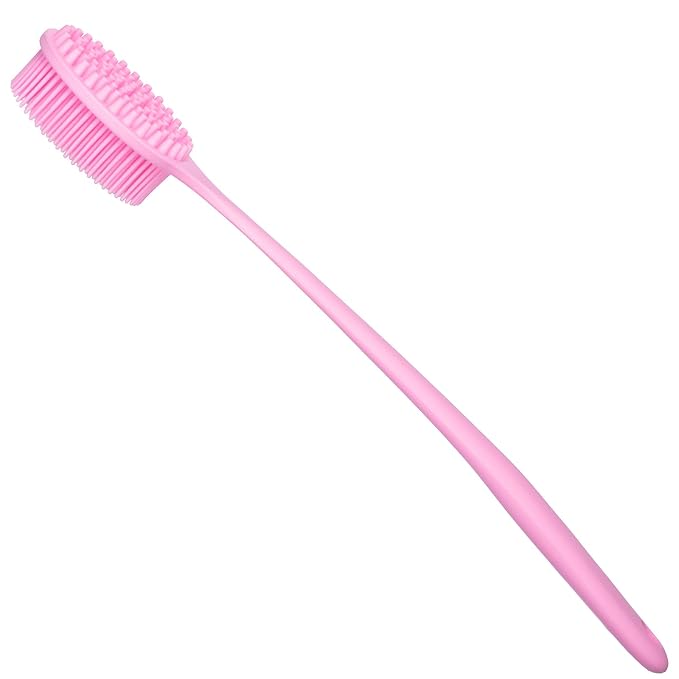 DNC Silicone Back Scrubber for Shower, Soft Bath Body Brush with Long Handle (Pink)