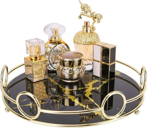 Makeup Organizer Tray, Decorative Glass Vanity Tray for Perfume, Jewelry and Decor, Round Cosmetic Storage for Dresser, Bathroom Counter, Ottoman and Coffee Table, Size 11.4”D x 2.4”H