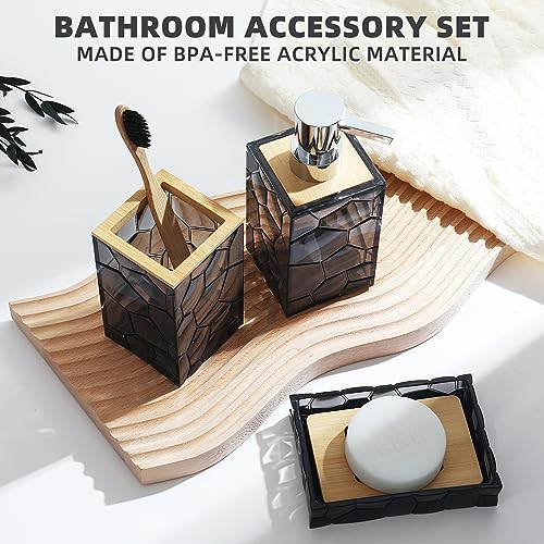 GAHEFY Black Grey Bathroom Accessories Set, Toothbrush Holder, Soap Dispenser, Cotton Swabs Holder, Soap Dish, Toilet Brush with Holder, Black Bamboo Bathroom Decor,Acrylic