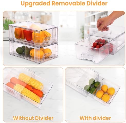 6 Pack Stackable Storage Drawers,Plastic Organizers Bins, Drawers Storage with Handles and Movable Dividers for Organization and Storage in Fridge,Bathroom, Pantry, Kitchen Cabinets, Under Sink