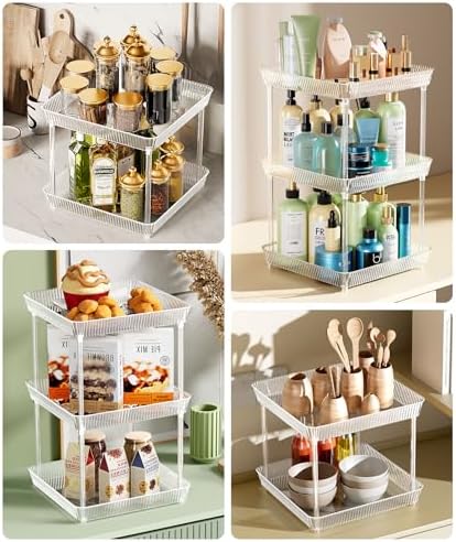 2 Tier Lazy Susan Bathroom Countertop Organizer, 360° Clear Rotating Square Storage Tray, Cosmetics and Perfume Organizer, Spinning Storage Tray Vanity Organizer Shelf for Bathroom Cabinet, Kitchen