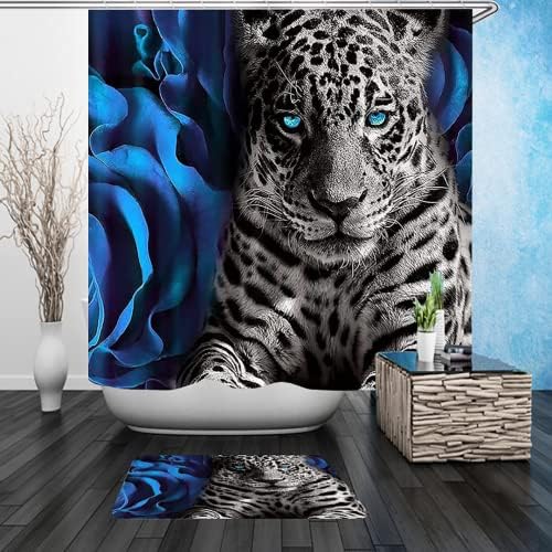 NBVKO 4PCS Blue Rose and Leopard Shower Curtain Set with Non-Slip Rugs,Toilet Lid Cover and Bath Mat,Bathroom Decor Accessory Set