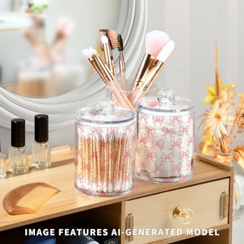 4 Pack Qtip Holder Dispenser with Lids, Cute Pink Bows Plastic Storage Containers, Bathroom Canisters Organizer for Cotton Swab, Cotton Round Pads, Floss 21219887