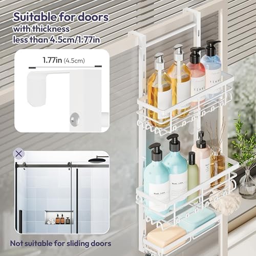 SWTYMIKI Over The Door Shower Caddy - 3 Tier Rustproof Hanging Shower Organizer with Adjustable Shelves, 28 Hooks & Soap Holder, Hanging Shower Rack Storage for Bathroom Accessories, White