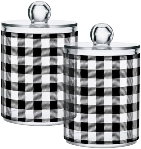 Gredecor Qtip Holder Dispenser 4 Pack Black White Classic Buffalo Plaid Apothecary Jars with Lids Bathroom Vanity Countertop Canister Storage Organizer for Cotton Ball,Swabs,Pads,Floss