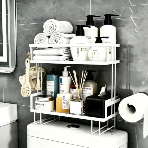Over The Toilet Storage Rack - Bathroom Organizer Shelf, 2-Tier Floating Shelves with Hooks, No-Drill, Toilet Paper Holder for Restroom Bathroom Vanity Kitchen (White)