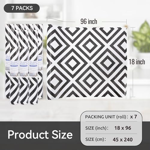 FIFTY FEET 18"x96" Non-Adhesive Shelf Liner for Kitchen Cabinets and Drawers, Washable Non-Slip PVC Cabinet Liner (Black Plaid)(7 Roll)