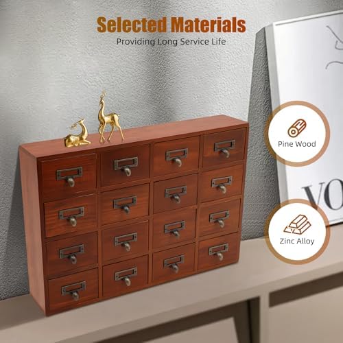 Apothecary Cabinet with 16 Drawers Card Catalog Cabinet, Library Card Catalog Drawer with Metal Handles & Label Slot Wooden Desk Drawer Organizer for Herb Storage, Tea Collection (Brown)