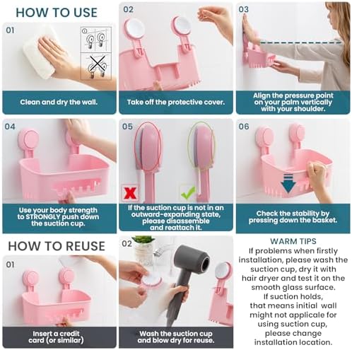 TAILI Shower Caddy Suction Cup, Bathroom Organizer Shelf Pink