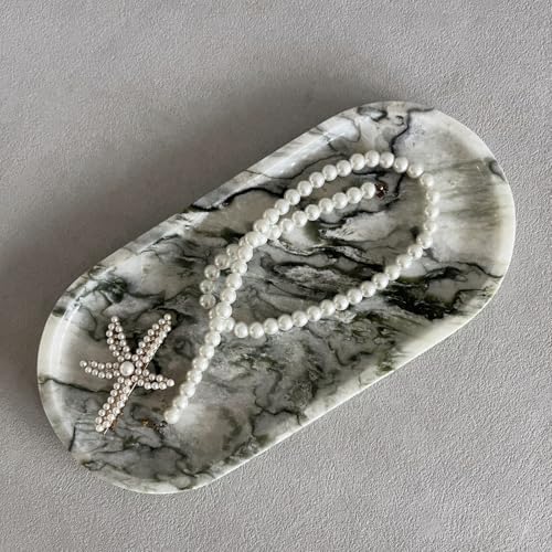 Natural Marble Oval Tray Ornaments Vintage Small Tray Storage Dish for Counter, Vanity, Dresser, Nightstand and Desk (Green Emerald)
