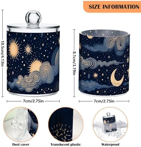 4 Pack Apothecary Jars Bathroom Stars and Moon Qtip Holder Dispenser Clear Plastic Storage Canister Jar with Lid for Cotton Ball, Cotton Swab