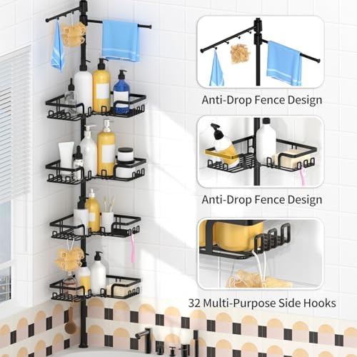 KEGII Shower Caddy Tension Pole with 2 Towel Bars, Bathroom Organizer