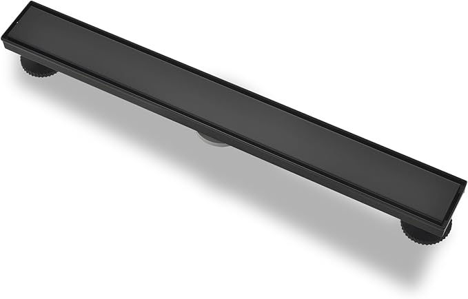 Linear Shower Drain ，with Tile Insert Panels ，28 Inch Black 304 Stainless Steel Rectangle Shower Floor Drain，with Hair Catcher, Adjustable Feet，Fits Bathroom, Balcony