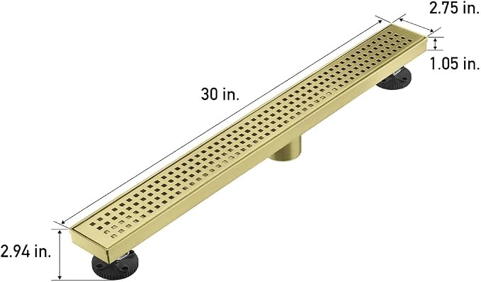 AVSIILE Linear Shower Floor Drain, Brushed Gold 30 Inch 304 Stainless Steel Bathroom Drains Kit, Long Rectangular Shower Trench Drain with Square Pattern Drain Cover & Hair Catcher