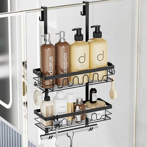 Over the Door Shower Caddy Hanging, Rustproof Hanging Shower Organizer for Glass Door, No Drilling Adjustable Shower Shelves for inside shower with 4+3 Hooks, Suitable for Kitchen/Bathroom/Balcony