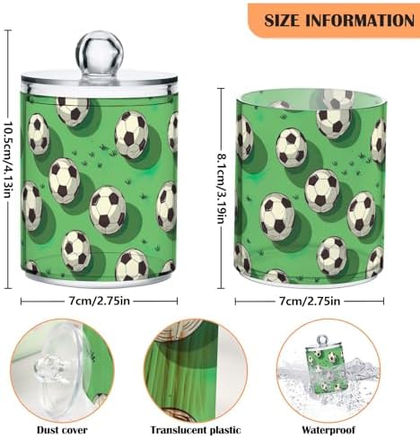 4 Pack Soccer Balls Green Field Qtip Dispenser 10 Oz Clear Plastic Apothecary Jars Bathroom Containers for Cotton Pads, Cotton Ball, Cotton Swabs, Floss Picks