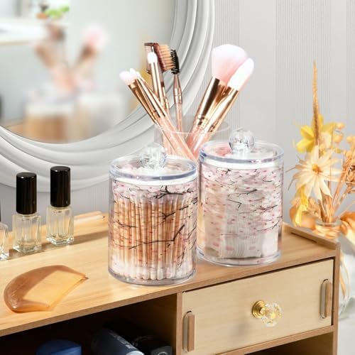ALAZA Cherry Blossom Flower Floral 2 Pack Qtip Holder Dispenser for Cotton Swabs, Balls, Pads, Floss 10 oz Plastic Canister Organizer