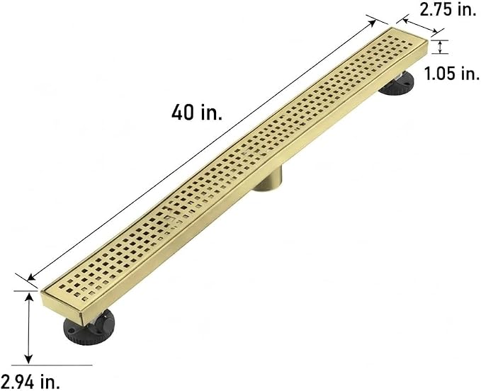 AVSIILE Linear Shower Floor Drain, Brushed Gold 40 Inch 304 Stainless Steel Bathroom Drains Kit, Long Rectangular Shower Trench Drain with Square Pattern Drain Cover & Hair Catcher