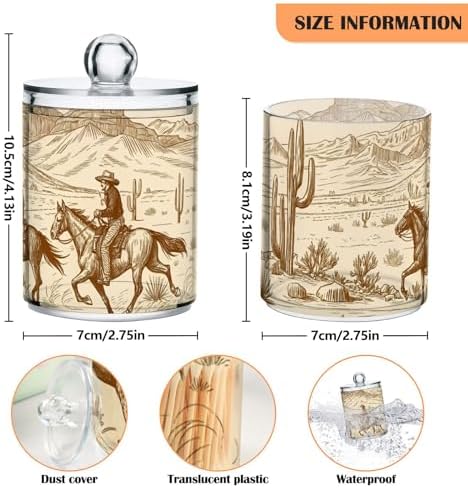 Apothecary Jars Bathroom Storage Organizer with Lid - 14 oz Qtip Holder Dispenser, Western Desert Cowboy Clear Plastic Canister for Cotton Swab, Cotton Ball, 2PCS