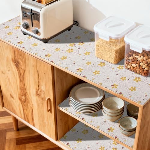 FIFTY FEET 12"x120" Non-Adhesive Shelf Liner for Kitchen Cabinets and Drawers, Washable Non-Slip PVC Cabinet Liner (Yellow Floral)(1 Roll)