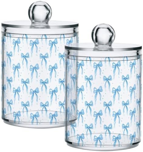 Gredecor 4 Pack Qtip Holder Clear Blue Ribbon Bow Watercolor Apothecary Jars with Lids Acrylic Bathroom Jars Vanity Countertop Canister Storage Organizer for Cotton Ball,Swabs,Pads,Floss
