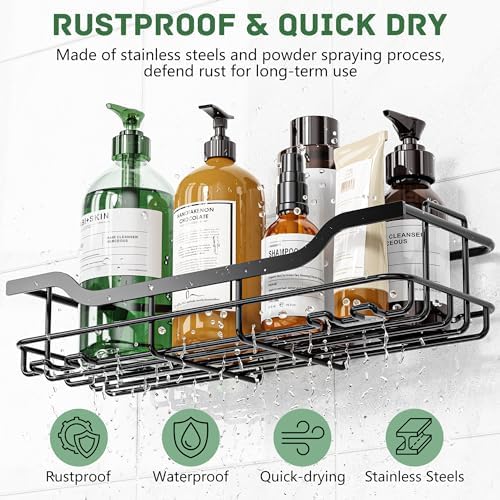 OMAIRA 3-Pack Shower Caddy with Soap Holder, Adhesive Rustproof No-drill Strudy Loading Inside Shower Organizer Shelves Rack Storage Bathroom Organization for Smooth Wall Glass Tile, Black (X-Large)