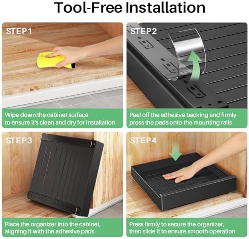 Pull Out Cabinet Organizer with Nano Adhesive, Heavy Duty Full-Extension Slide-Out Drawer for Kitchen Cabinet Organizers and Storage, No Drill Roll out Pantry Shelf, 22.4"W x 16.9"D x 3.1"H , Black