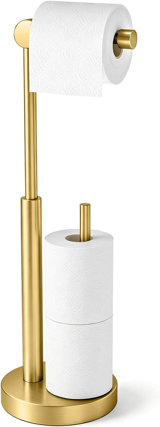Toilet Paper Holder Stand with Storage & Weighted Base, Brushed Gold | Free Standing Stainless Steel Design with Open-Ring Arm for Easy Roll Replacement