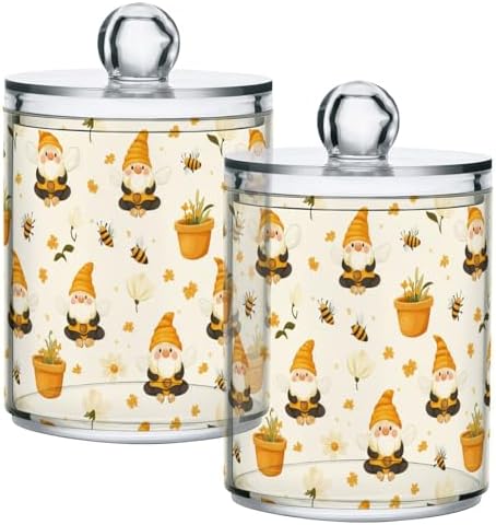 Gredecor Qtip Holder Dispenser 2 Pack Gnome Bees Flying Dwarf Daisy Apothecary Jars with Lids Bathroom Vanity Countertop Canister Storage Organizer for Cotton Ball,Swabs,Pads,Floss