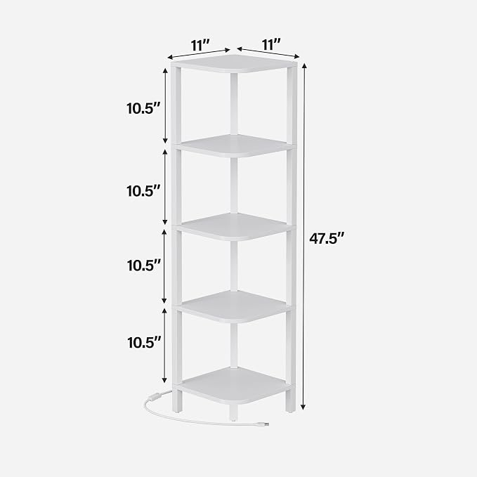 TUTOTAK Corner Shelf with LED Light, 5-Tier Corner Bookshelf for Small Space, Narrow Display Corner Shelf Stand with Storage Rack, for Living Room, Bedroom, White BS08BW005L